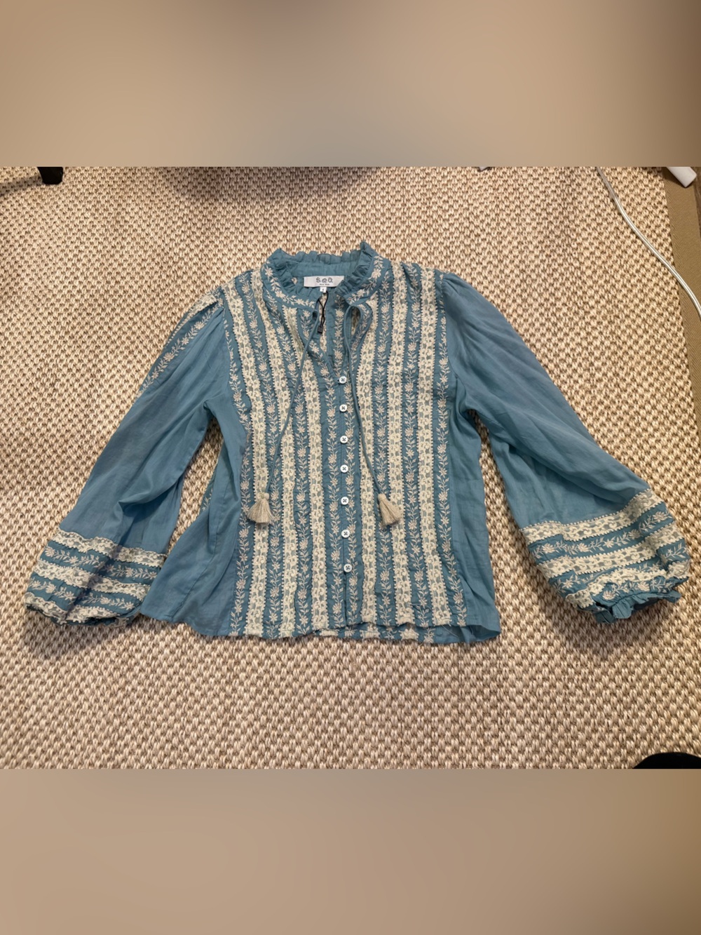 Boho Lace-Trim Blue Peasant Blouse - Brand: SEA